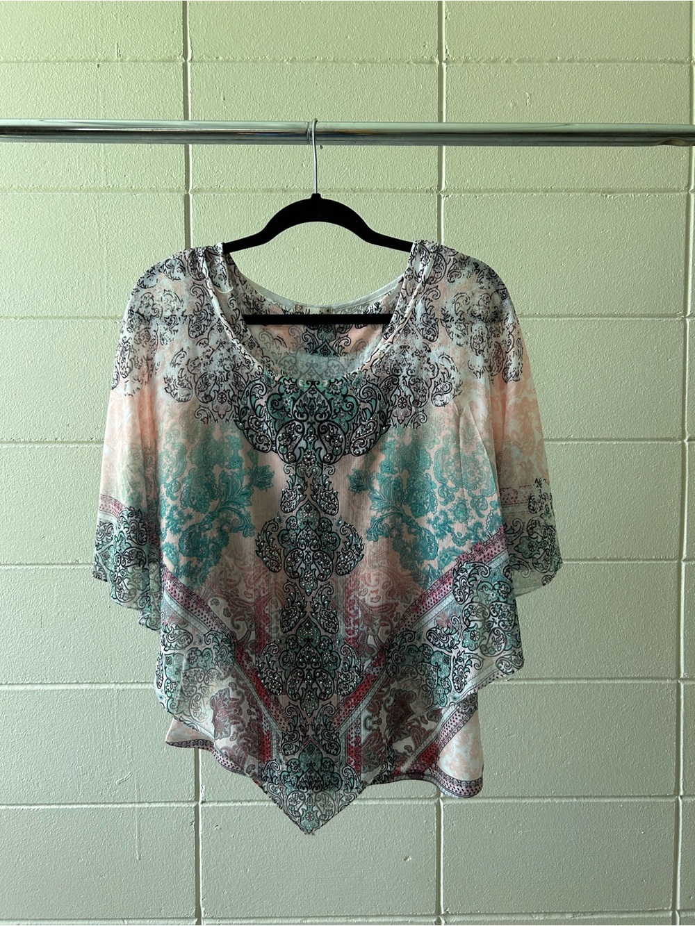 World Unity Women's Scoop Neck Poncho in Teal and Peach